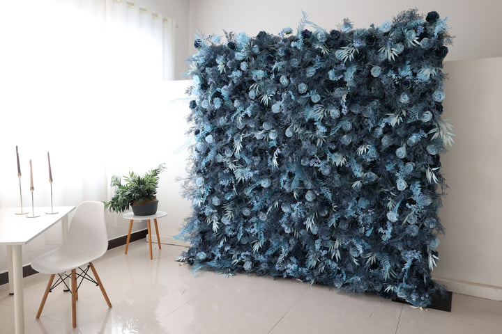 Blue Roses And Mixed Grass Wall, Artificial Flower Wall Backdrop