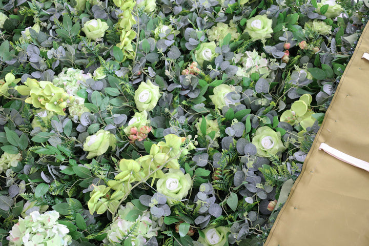 Green Roses And Hydrangeas With Eucalyptus Leaves, 5D, Artificial Flower Wall