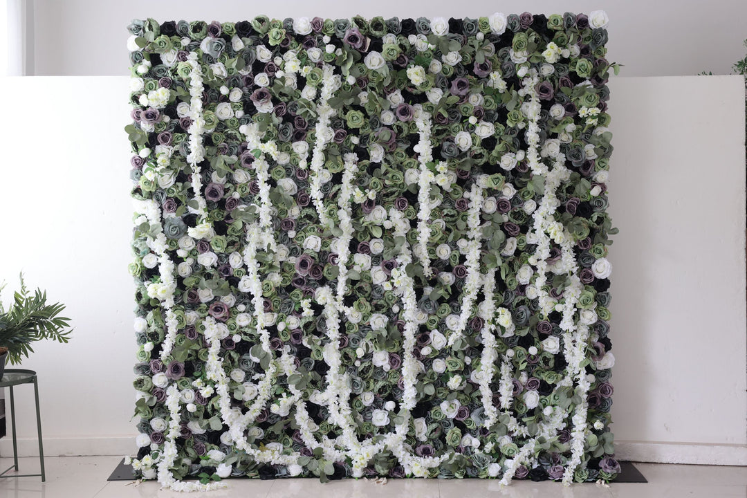 Green And Purple And White Roses With Green Leaves, Artificial Flower Wall Backdrop