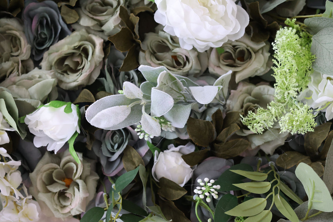 Green Roses And White Peonies And Green Leaves, Artificial Flower Wall Backdrop