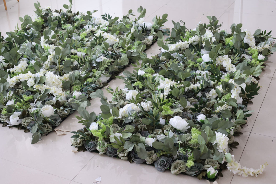 Green Roses And White Peonies And Green Leaves, Artificial Flower Wall Backdrop