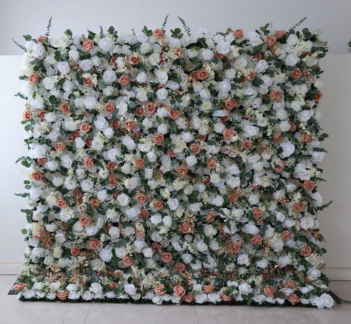 Light Brown And White Roses With Eucalyptus Leaves, 5D, Artificial Flower Wall