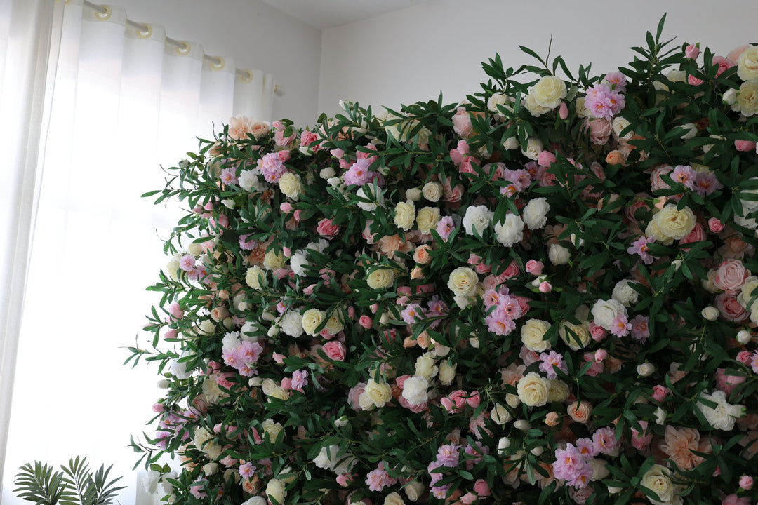 Light Yellow And Pink Roses And Hydrangeas And Green Leaves, Artificial Flower Wall Backdrop