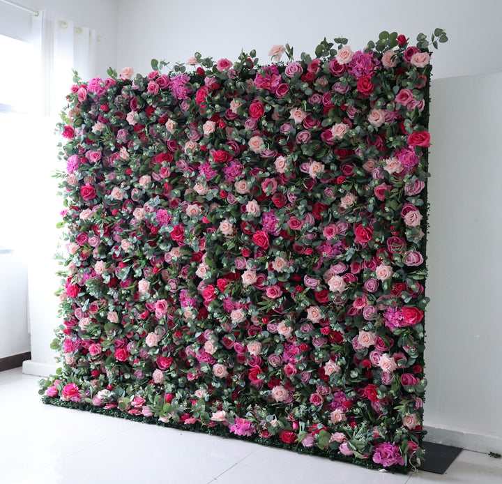 Magenta And Purple Roses With Eucalyptus Leaves, 5D, Artificial Flower Wall