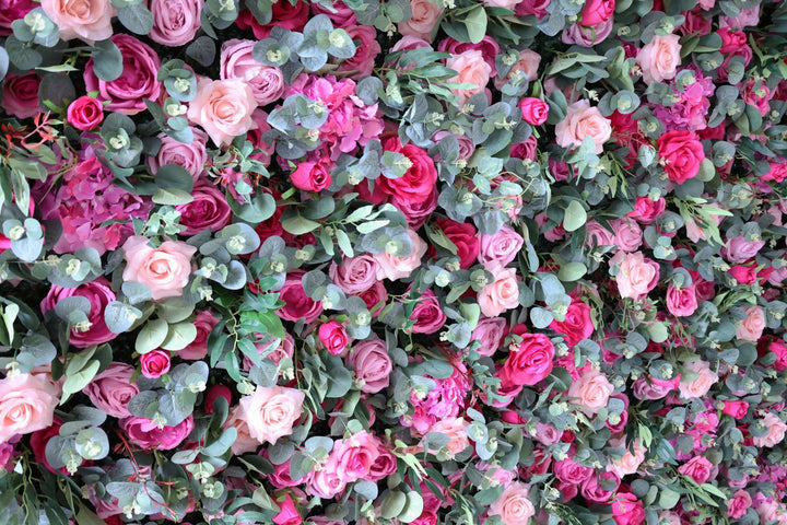 Magenta And Purple Roses With Eucalyptus Leaves, 5D, Artificial Flower Wall