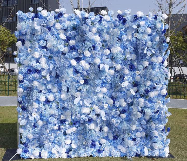 Mixed Flowers In Blue, 5D, Fabric Backing Artificial Flower Wall