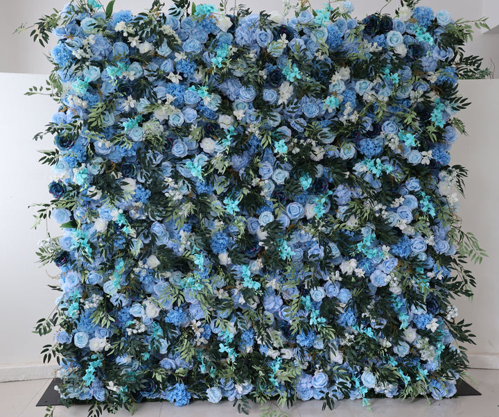 Mixed Flowers In Blue With Eucalyptus Leaves, 5D, Fabric Backing Artificial Flower Wall