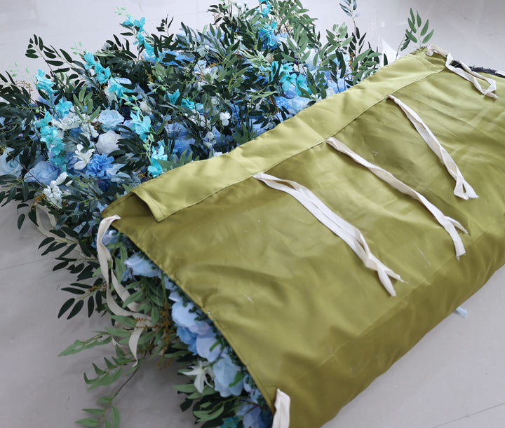 Mixed Flowers In Blue With Eucalyptus Leaves, 5D, Fabric Backing Artificial Flower Wall