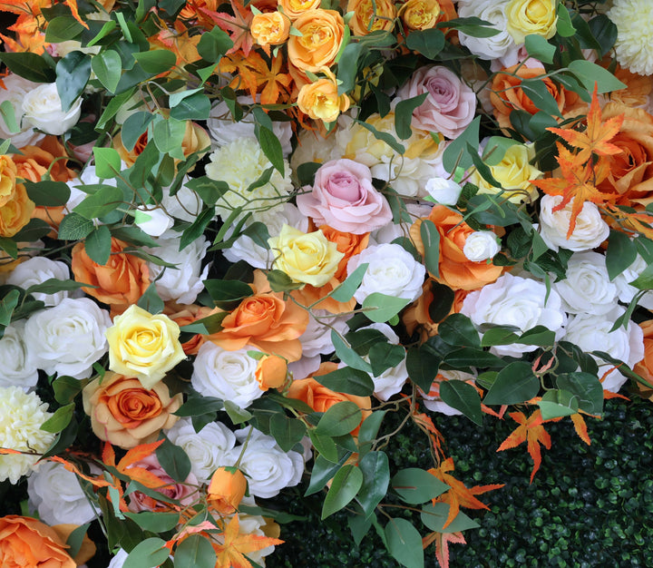 Mixed Flowers In Orange With Green Grass, 5D, Fabric Backing Artificial Flower Wall