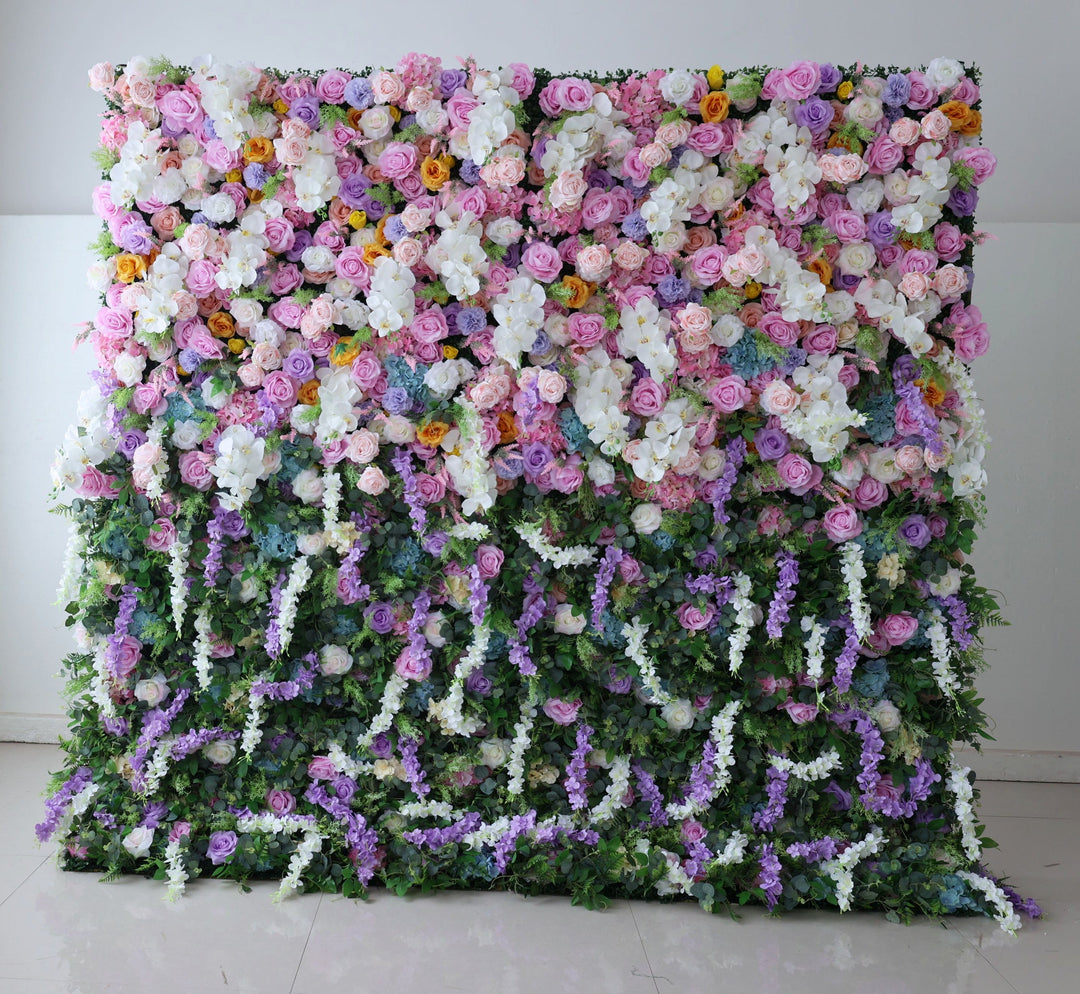 Mixed Flowers In Purple With Vine Gradient, 5D, Fabric Backing Artificial Flower Wall