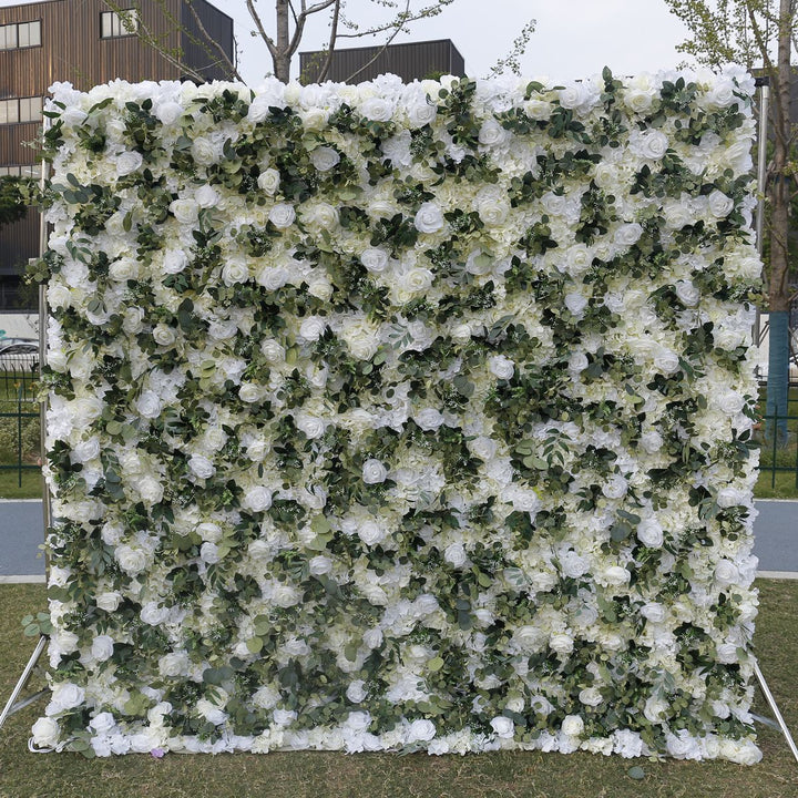 White Roses Hydrangeas Green Eucalyptus Branches, Artificial Flower Wall Backdrop