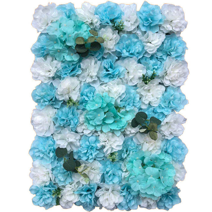 White And Blue Dahlias And Eucalyptus Leaves, Artificial Flower Wall Backdrop