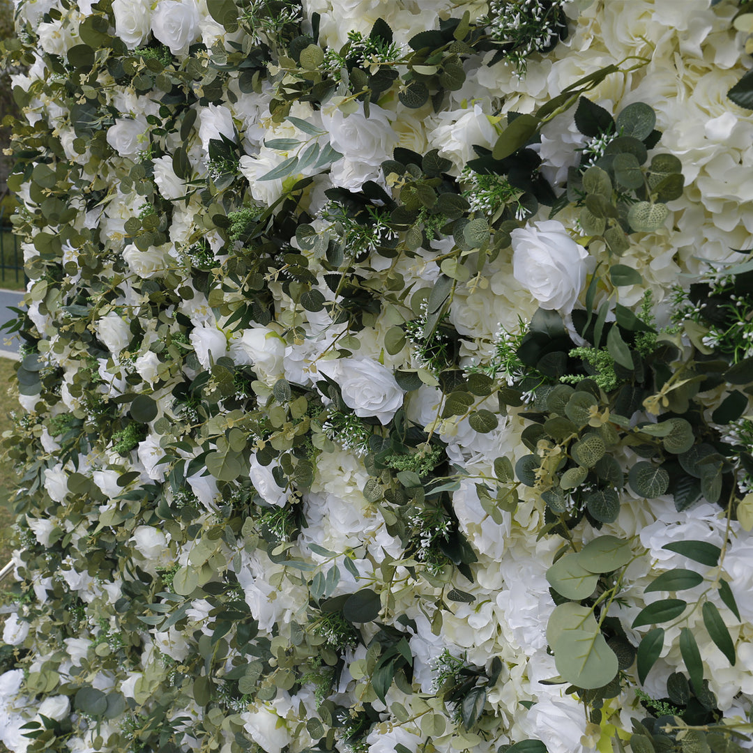 White Roses Hydrangeas Green Eucalyptus Branches, Artificial Flower Wall Backdrop