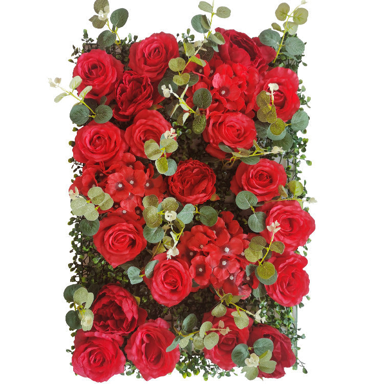Red Rose With Milan Eucalyptus Grass, Artificial Flower Wall Backdrop
