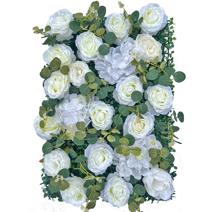 Milky White Rose With Milan Eucalyptus Grass, Artificial Flower Wall Backdrop