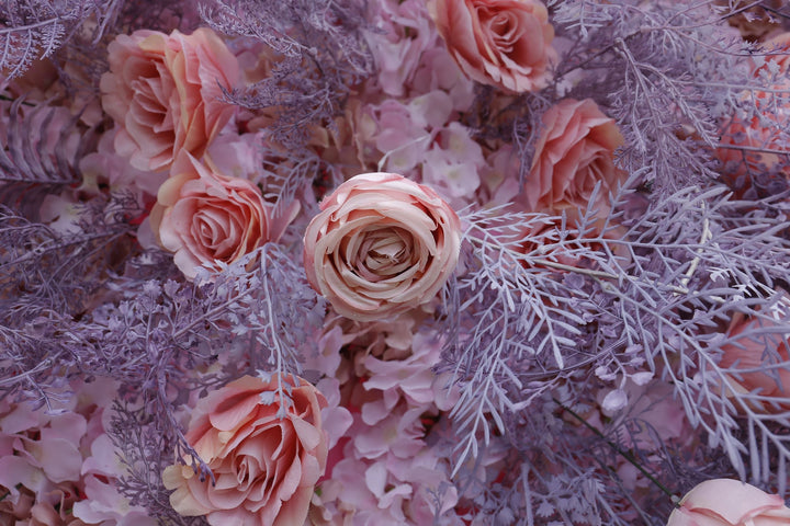 Pink Rose And Purple Grass, Artificial Flower Wall, Wedding Party Backdrop