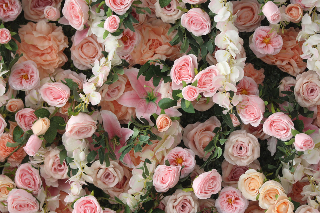 Pink Roses And Green Leaves, Artificial Flower Wall, Wedding Party Backdrop