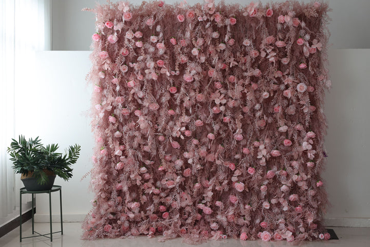 Pink Roses And Silk Fern, Artificial Flower Wall, Wedding Party Backdrop