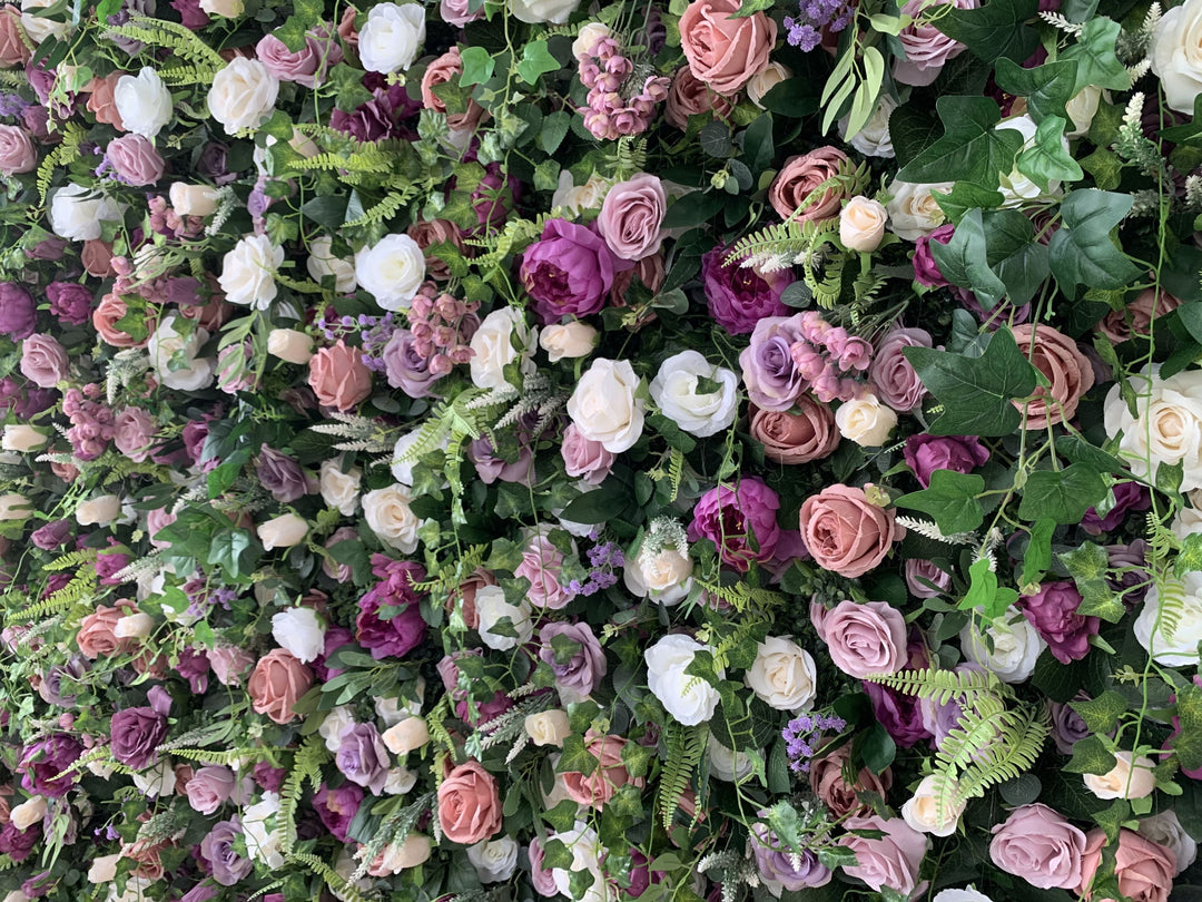 Purple Peonies And Pink Roses And Green Leaves, Artificial Flower Wall Backdrop