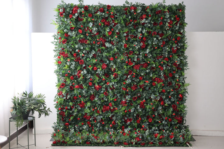 Red Roses And Silk Fern And Green Leaves, Artificial Flower Wall, Wedding Party Backdrop