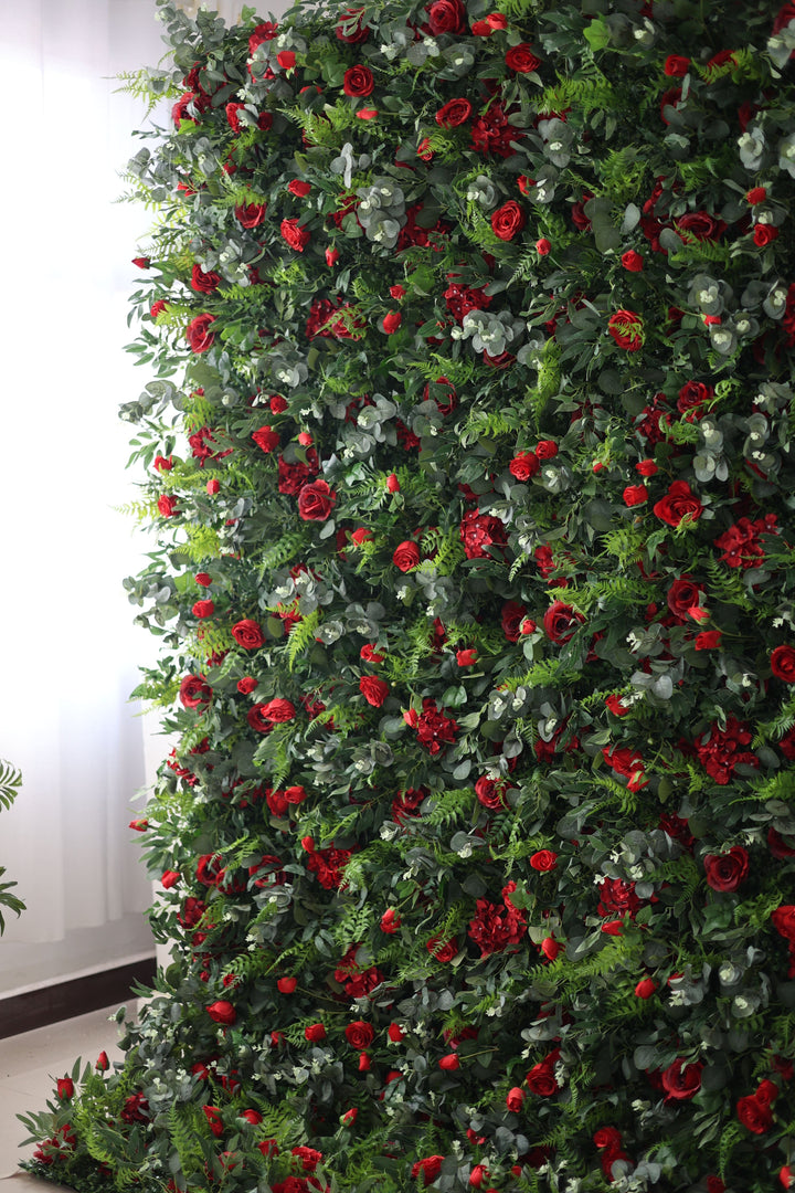 Red Roses And Silk Fern And Green Leaves, Artificial Flower Wall, Wedding Party Backdrop