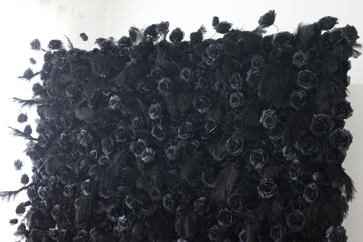 Black Roses And Feather, Artificial Flower Wall, Wedding Party Backdrop
