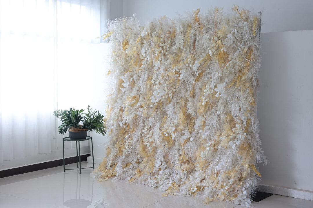 White And Light Yellow Silk Fern And Mixed Grass Wall, Artificial Flower Wall Backdrop
