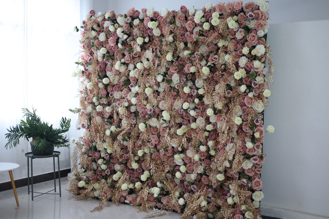 White And Pink Roses And Green Leaves, Artificial Flower Wall, Wedding Party Backdrop