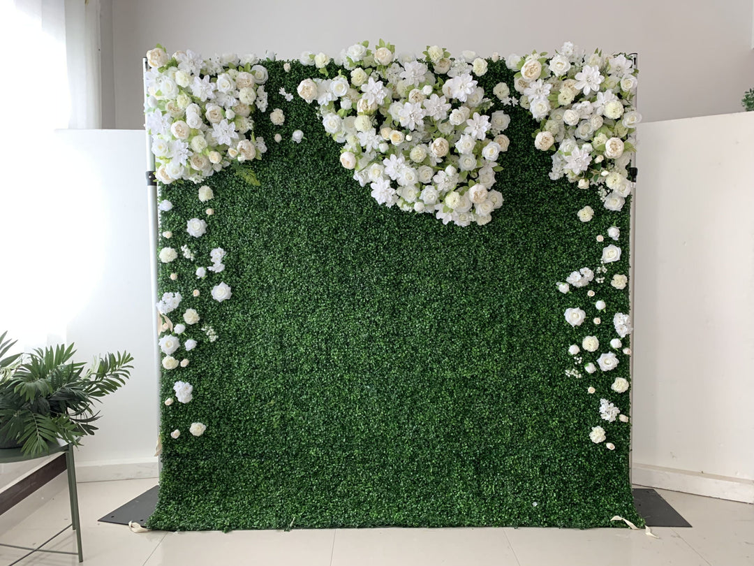 White Roses And Dahlias And Green Leaves, Artificial Flower Wall, Wedding Party Backdrop