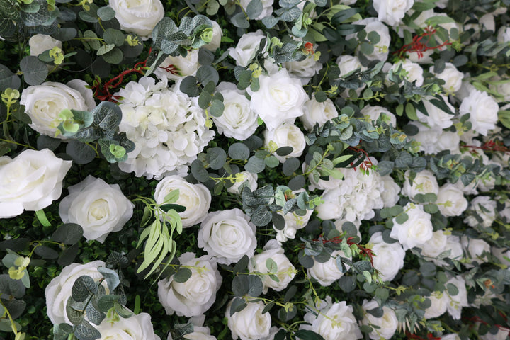 White Roses And Green Leaves, Artificial Flower Wall, Wedding Party Backdrop