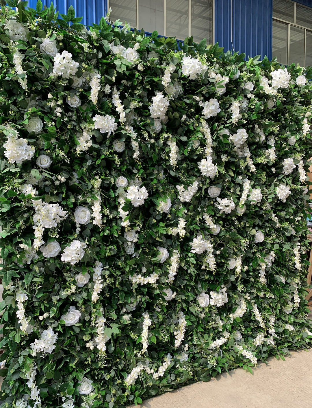 White Roses And Hydrangeas With Green Leaves, Artificial Flower Wall Backdrop