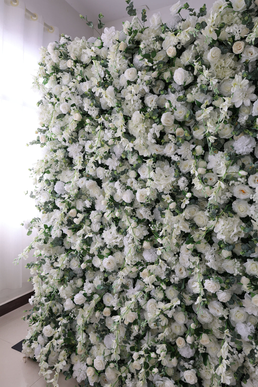 White Roses And Hydrangeas And Green Leaves, Artificial Flower Wall, Wedding Party Backdrop