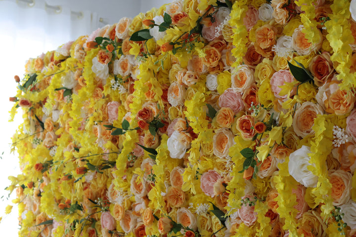 Yellow And Pink Roses And Peonies And Green Leaves, Artificial Flower Wall Backdrop