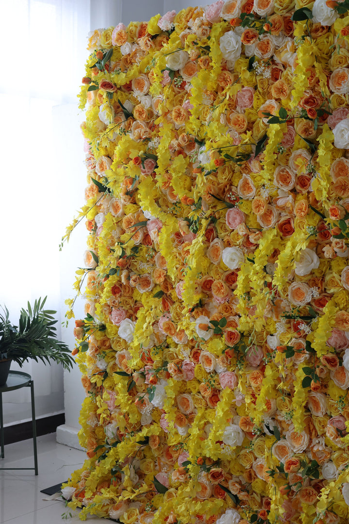 Yellow And Pink Roses And Peonies And Green Leaves, Artificial Flower Wall Backdrop