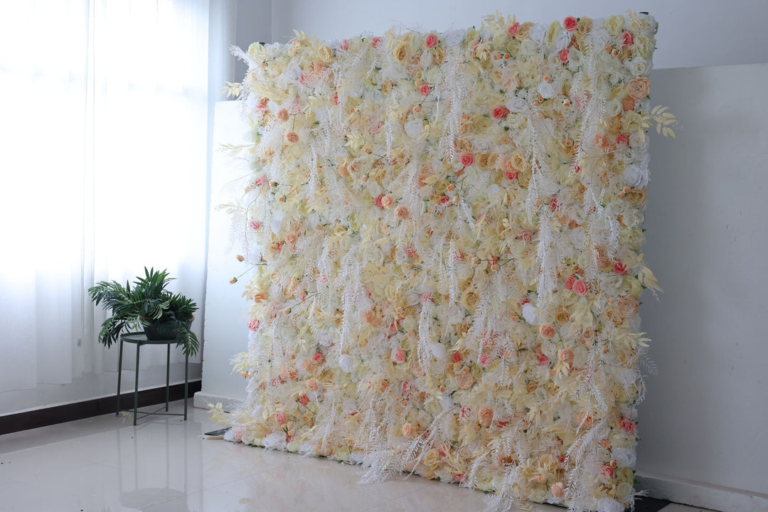Yellow And White Roses And Silk Fern, Artificial Flower Wall, Wedding Party Backdrop