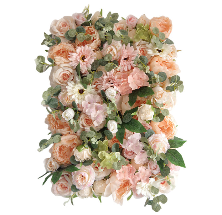 3D Orange And Pink Roses With Green Leaves, Artificial Flower Wall Backdrop
