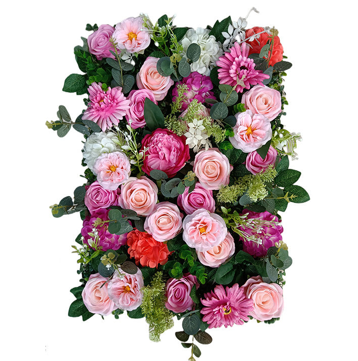 3D Blush-Pink Roses And Rose-Red Peonies With Green Leaves, Artificial Flower Wall Backdrop