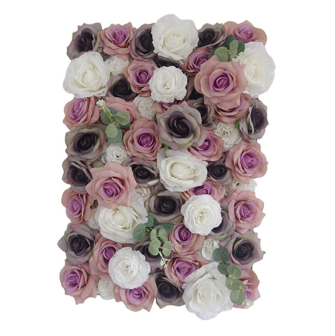 3D Purple And White Roses With Green Leaves, Artificial Flower Wall Backdrop