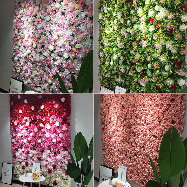 3D Beige-Orange And Pink Roses With Green Leaves, Artificial Flower Wall Backdrop
