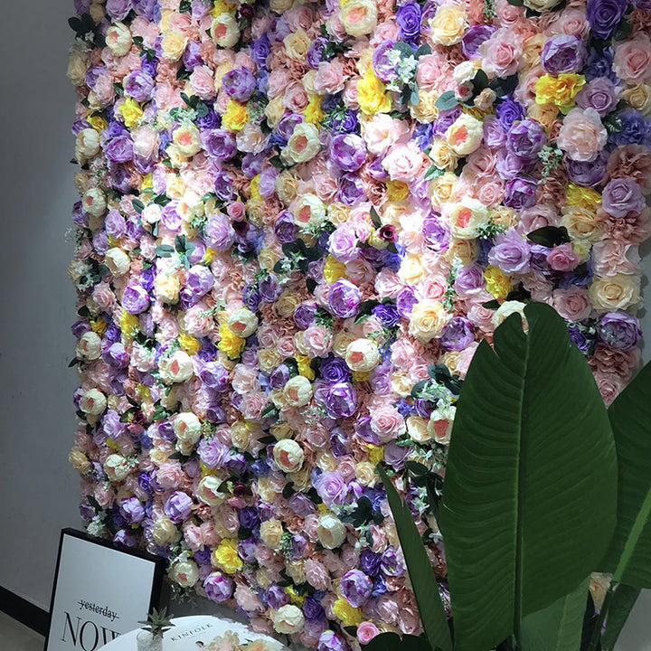Luxurious 3D Beige And Purple Roses With Green Vines, Artificial Flower Wall Backdrop