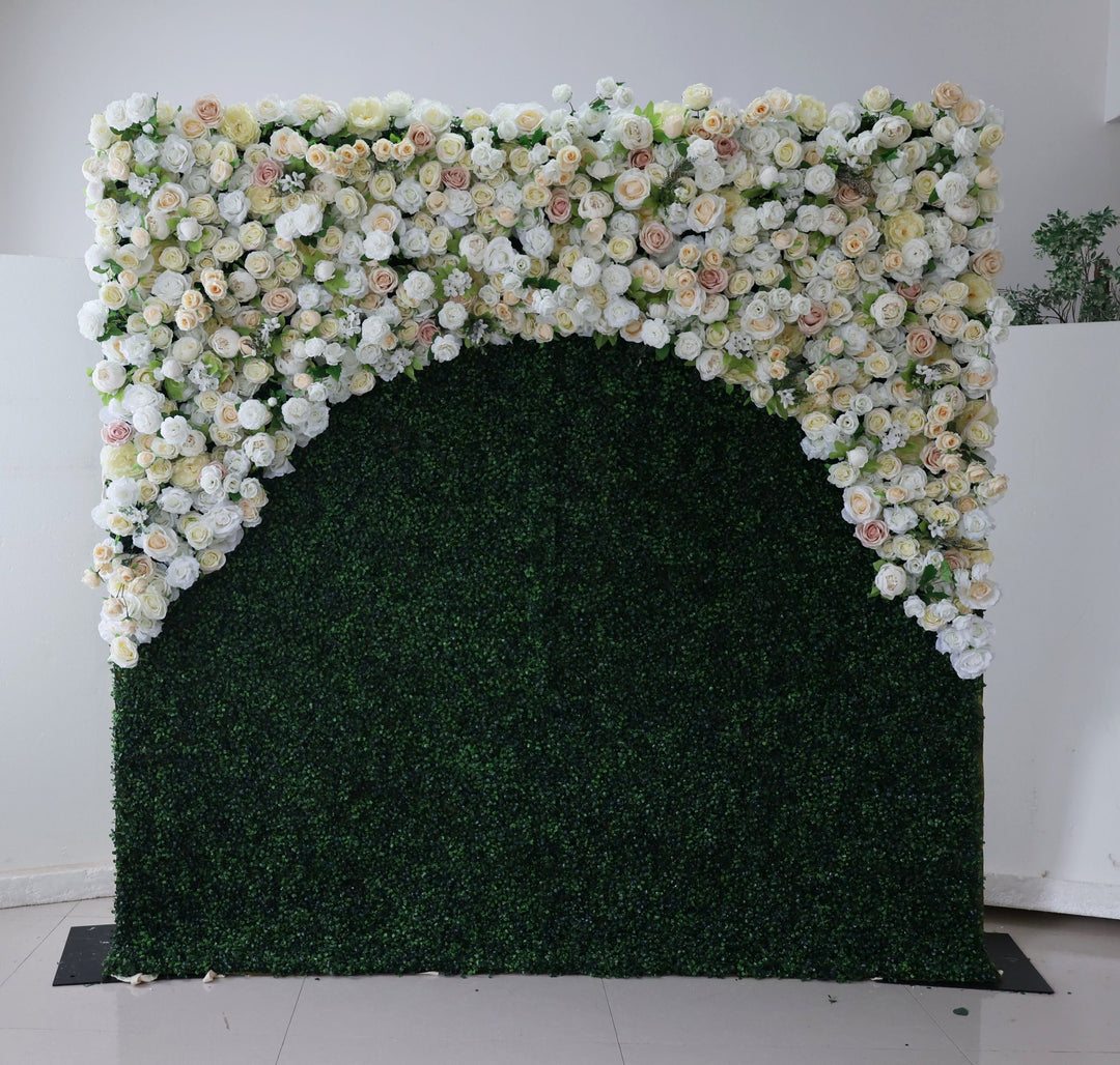 Beige And White Roses With Green Grass, 3D, Fabric Backing Artificial Flower Wall