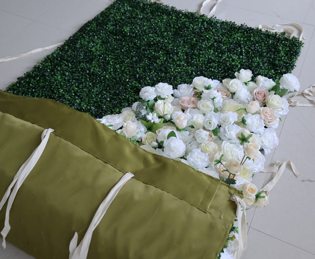 Beige And White Roses With Green Grass, 3D, Fabric Backing Artificial Flower Wall