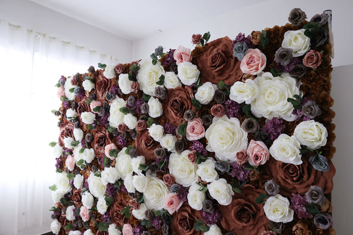 Big Brown And White Rose, Reed Pampas Grass, Artificial Flower Wall Backdrop