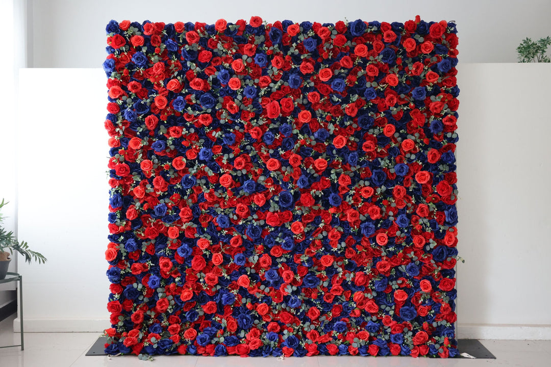 Blue And Red Roses And Green Leaves, Artificial Flower Wall, Wedding Party Backdrop