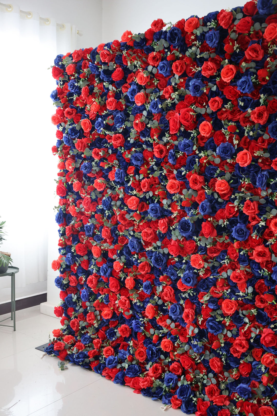 Blue And Red Roses And Green Leaves, Artificial Flower Wall, Wedding Party Backdrop