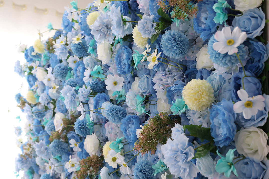 Blue Roses And Hydrangeas And Lasagna Daisies, Artificial Flower Wall, Wedding Party Backdrop