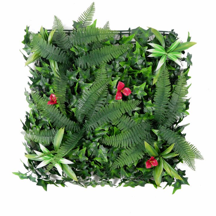 Ferns And Sweet Potato Leaves With Red Flowers Artificial Green Wall Panels, Faux Plant Wall