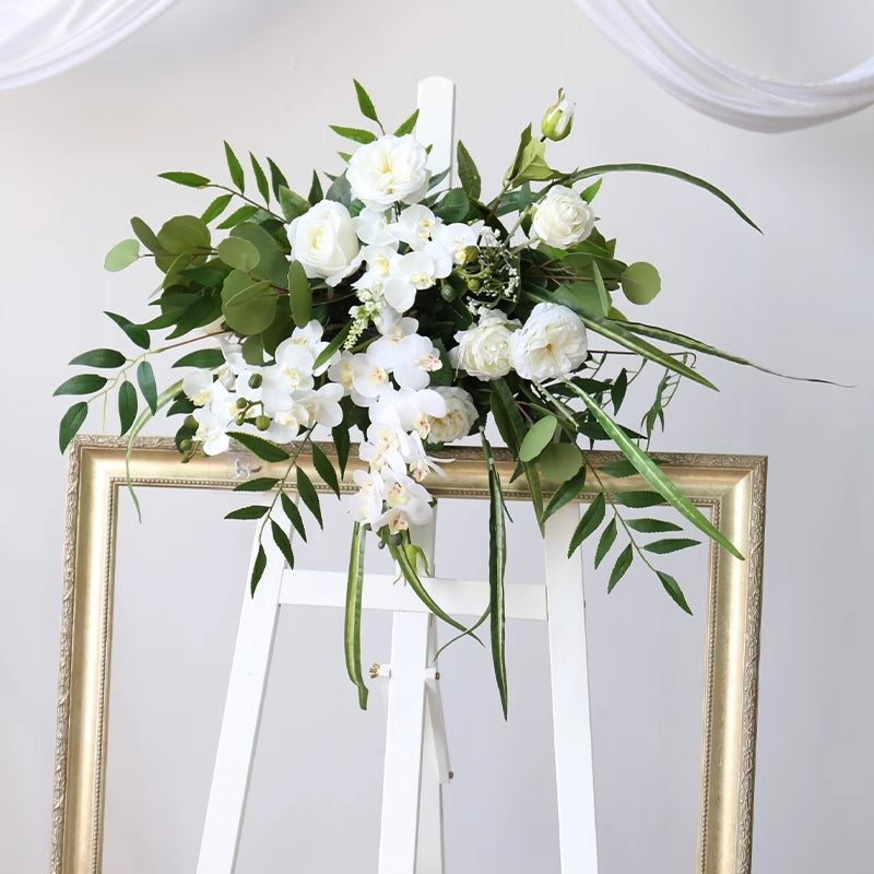 White & Green Artificial Flowers, Floral Arrangement For Signage, Wedding Welcome Signage