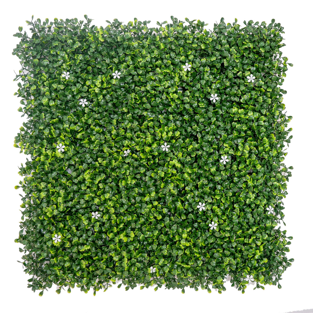 Green Milan Grass With White Flowers Artificial Green Wall Panels, Faux Plant Wall