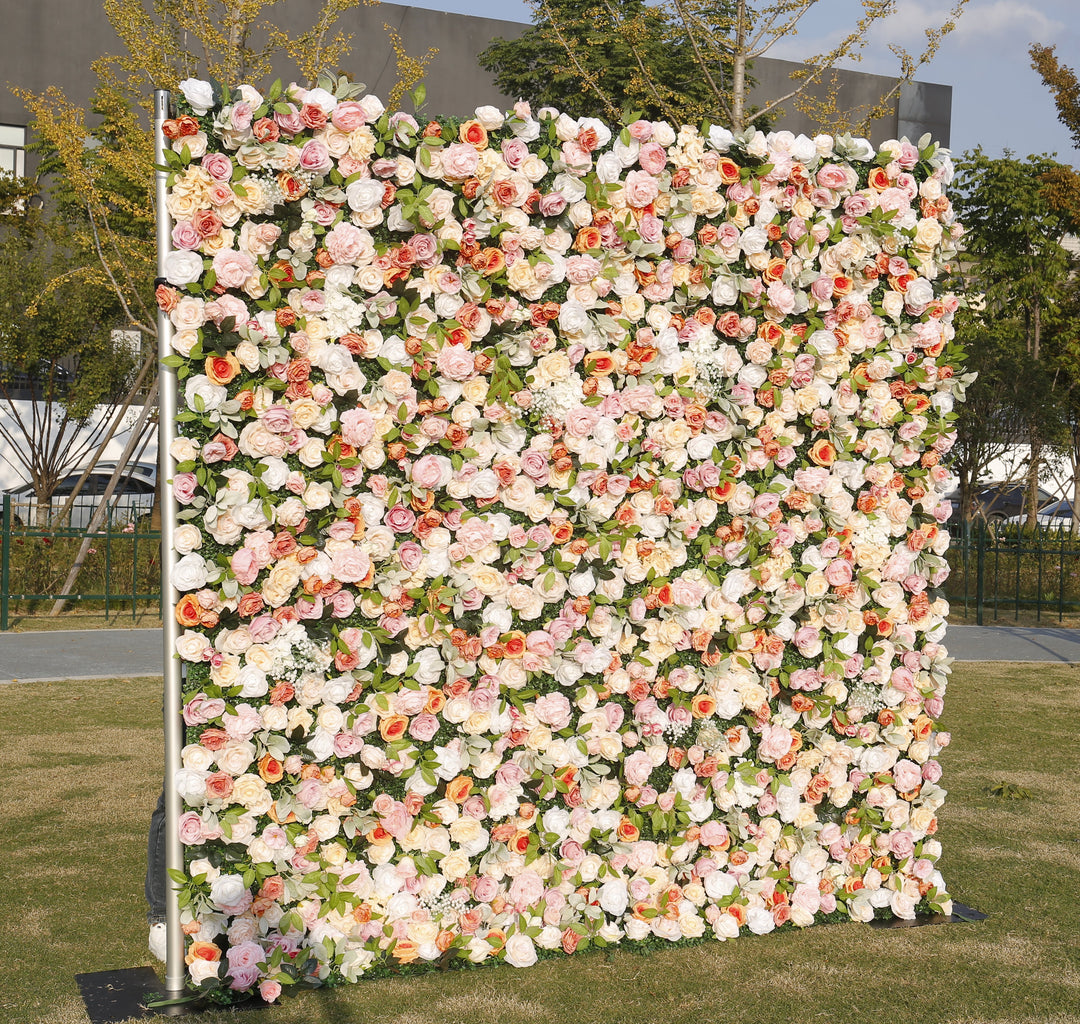 Mixed Flowers In Beige And Pink, 3D, Fabric Backing Artificial Flower Wall